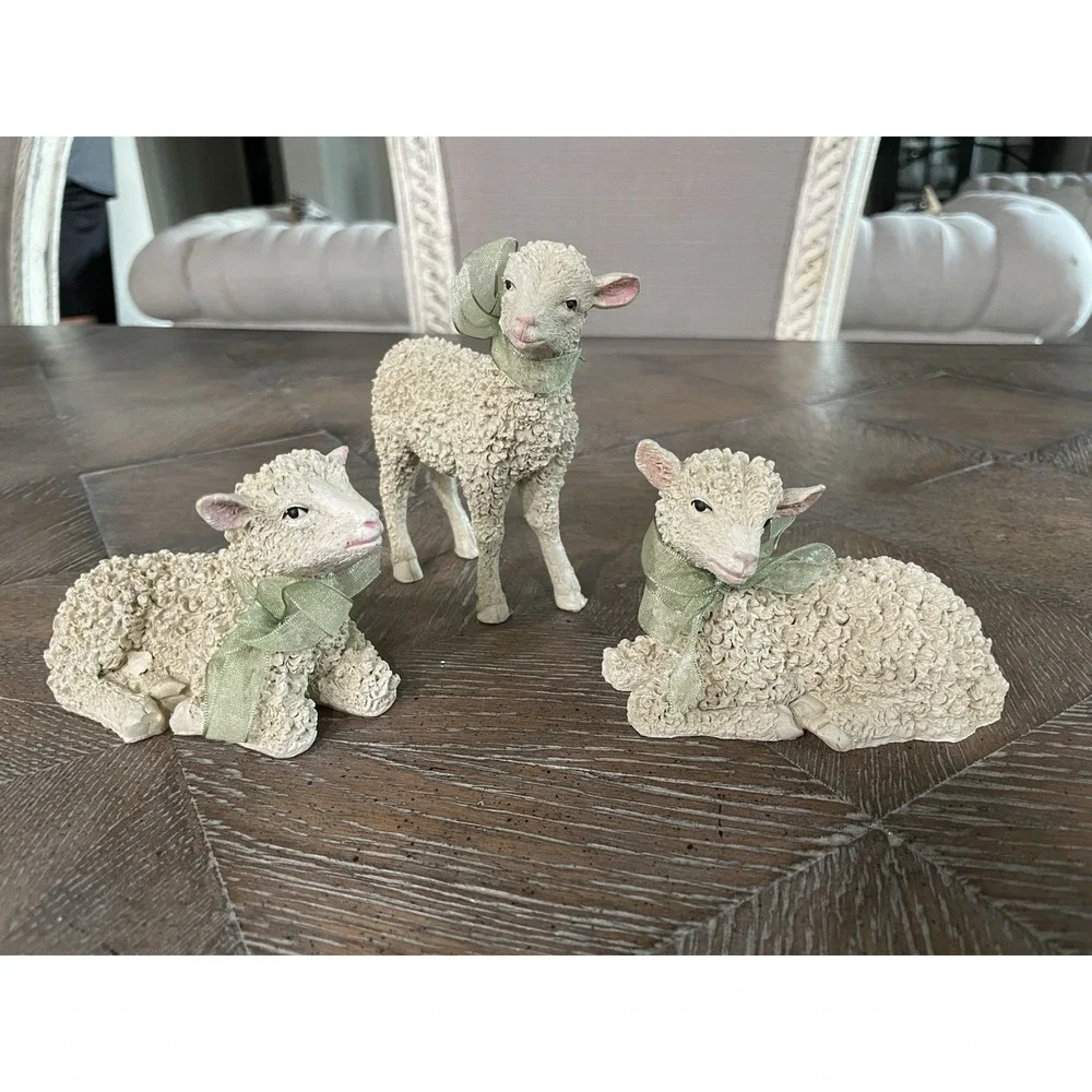 Vtg Set of 3 Resin Textured Pastoral Sheep Lamps Sage Green Bows 4